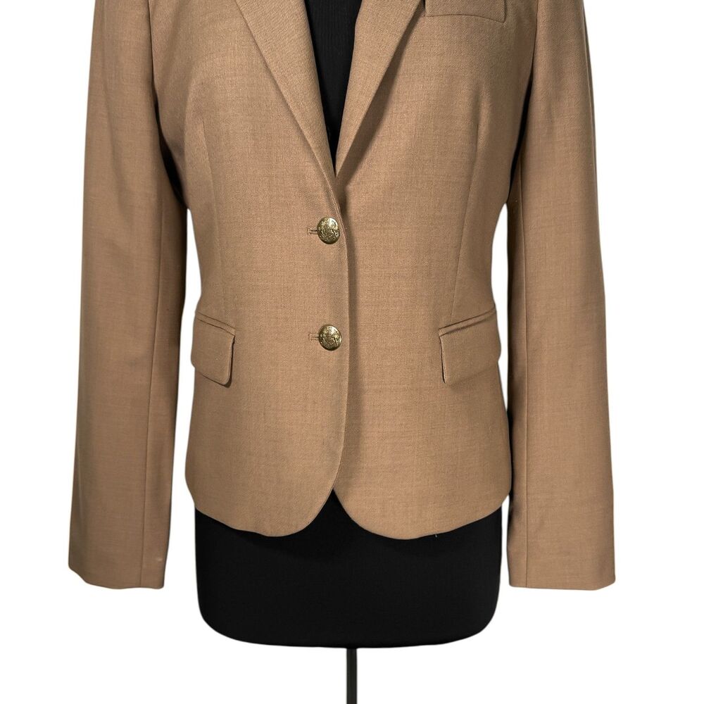 J Crew Womens 10 Tan Wool Blend Blazer Gold Crest Buttons Career Office Jacket - Picture 7 of 10